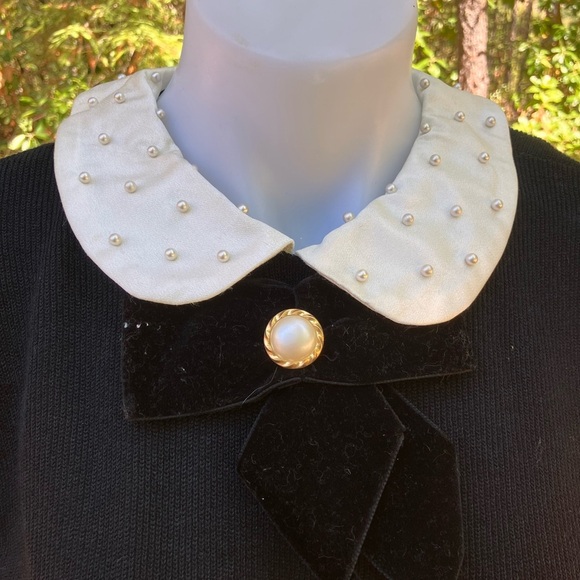 Leslie Fay Black ribbed knit Dress with White collar with pearl like beads 16 - Picture 3 of 13